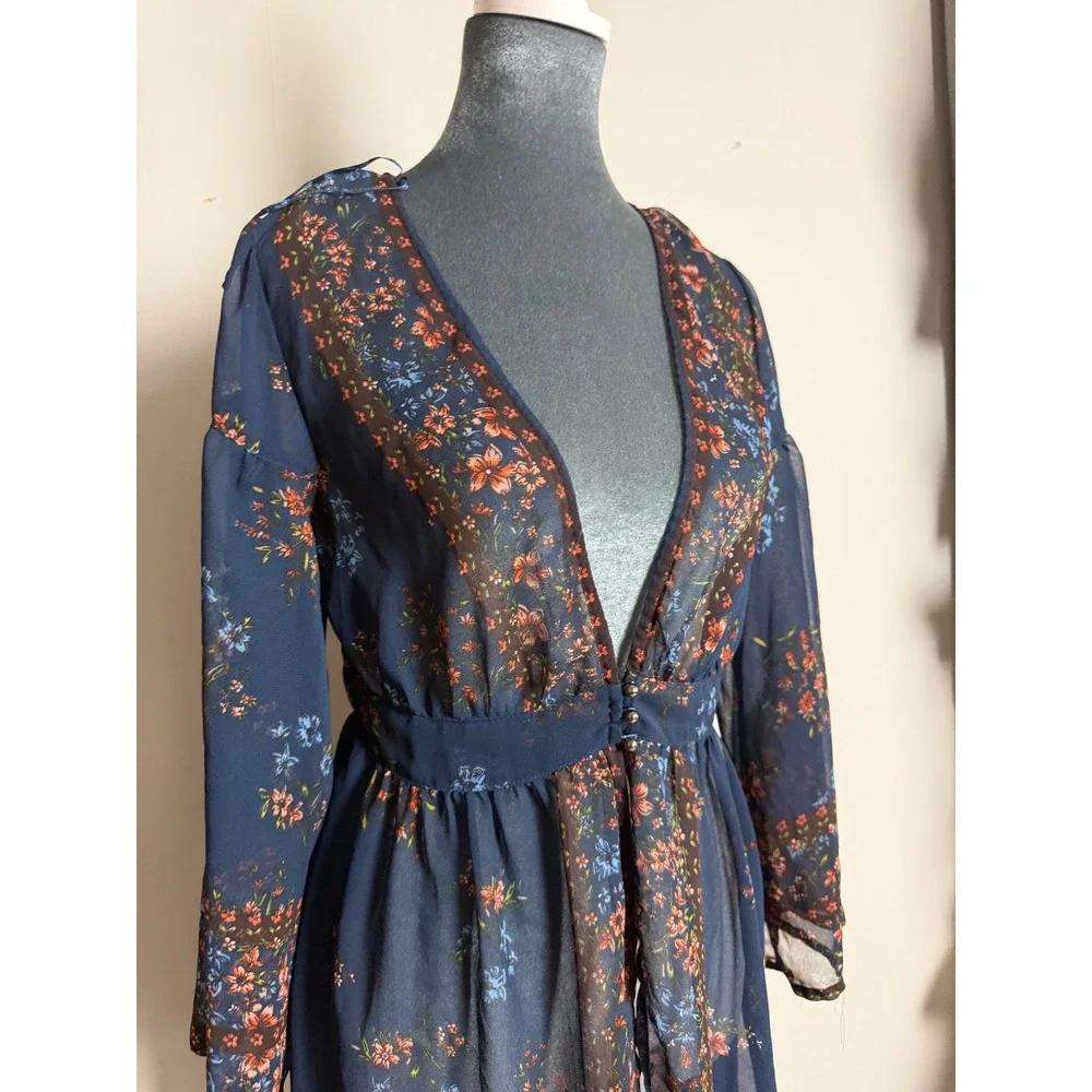 Tantrums Navy Floral Sheer Duster Dress Cardigan Boho Chiffon Kimono Small boho - Picture 2 of 6